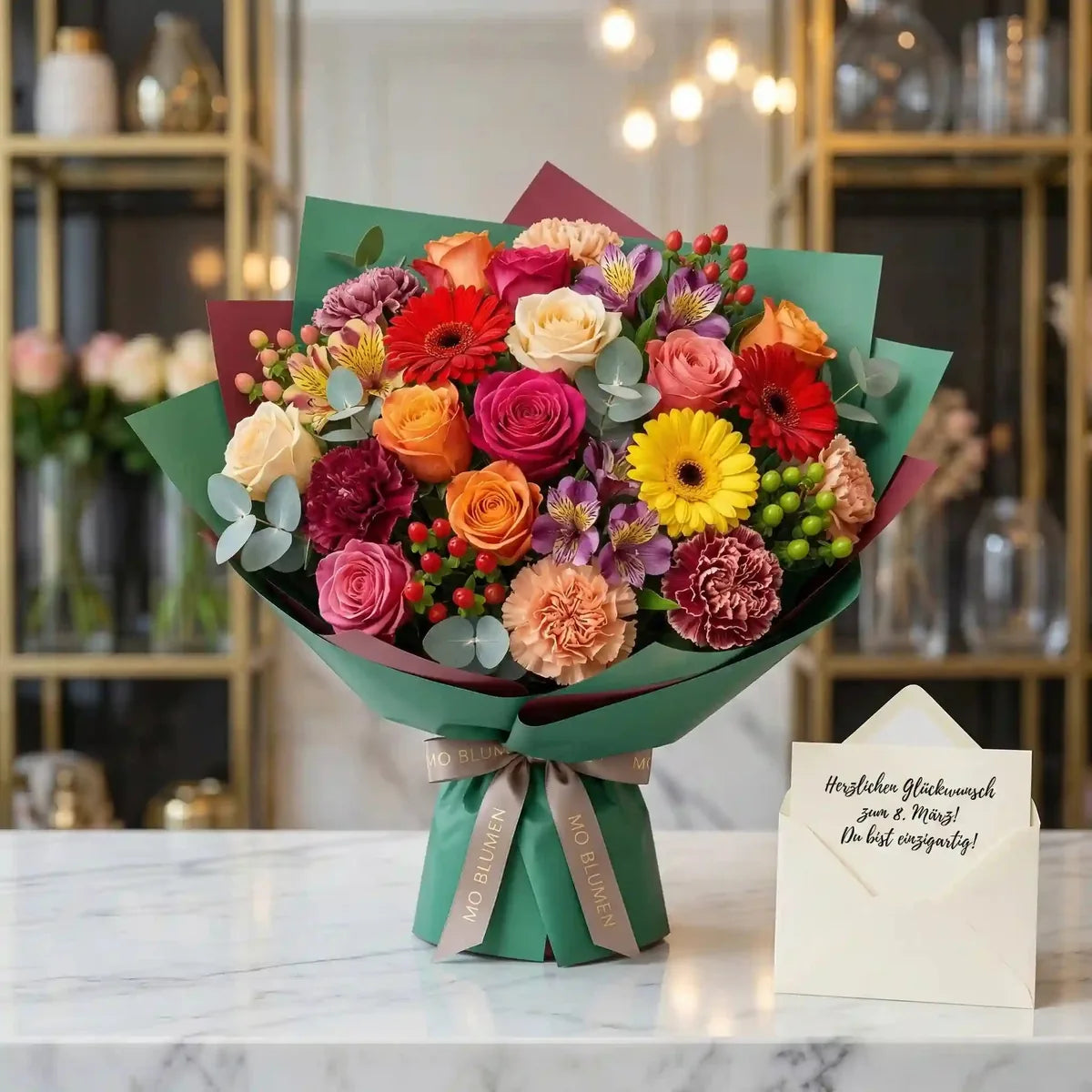 Ein farbenfroher Blumenstrauß von MO BLUMEN mit Rosen, Gerbera, Nelken und Beeren, in grünem Papier und beige Band, neben einer Grußkarte zum 8. März.